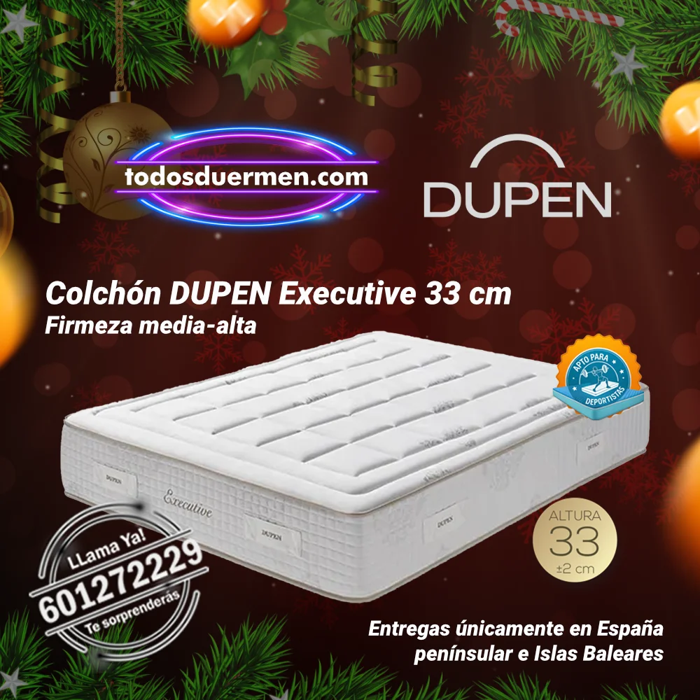 Imagen navideña del Colchon Dupen Executive 33 cm de firmeza media-alta, presentado por TodosDuermen.com, Distribuidores Oficiales Dupen.