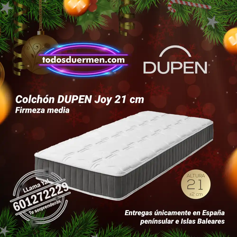 Imagen navideña del Colchon Dupen Joy 21 cm de firmeza media, mostrado en promoción especial de TodosDuermen.com.