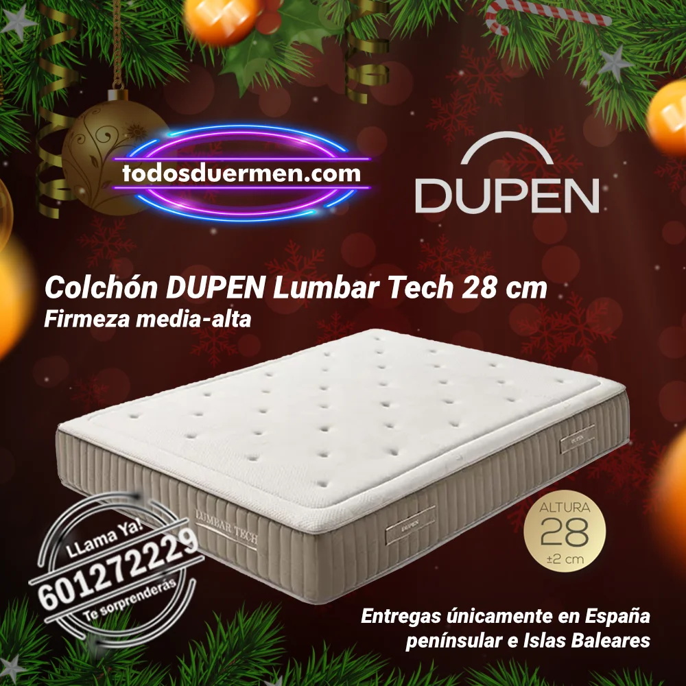 Imagen navideña del Colchon Dupen Lumbar Tech 28 cm de firmeza media-alta, presentado por TodosDuermen.com, Distribuidores Oficiales Dupen.