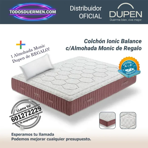 Colchones de Muelles Ensacados Ionic Balance Dupen 30 cm, grafeno, turmalina y almohada Monic de regalo