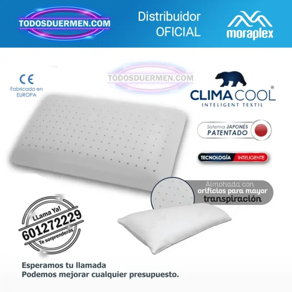 Almohada Cervical ClimaCool de Moraplex con tecnología transpirable y soporte ergonómico para un descanso fresco y saludable.