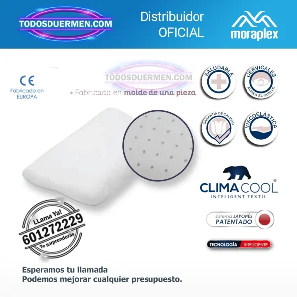 Almohada cervical Climacool Moraplex con tecnología transpirable y núcleo de Memory Foam para un descanso fresco y ergonómico.