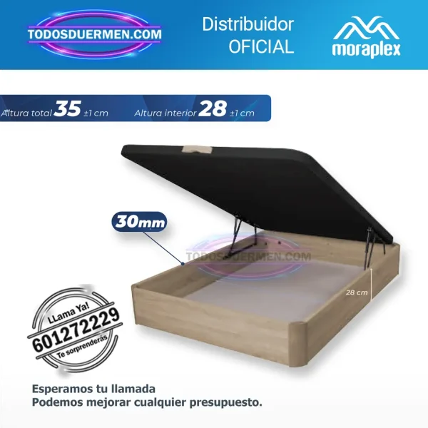 Canapé abatible Forte de Moraplex con diseño moderno, sistema de apertura hidráulica y gran capacidad de almacenaje, ideal para dormitorios.