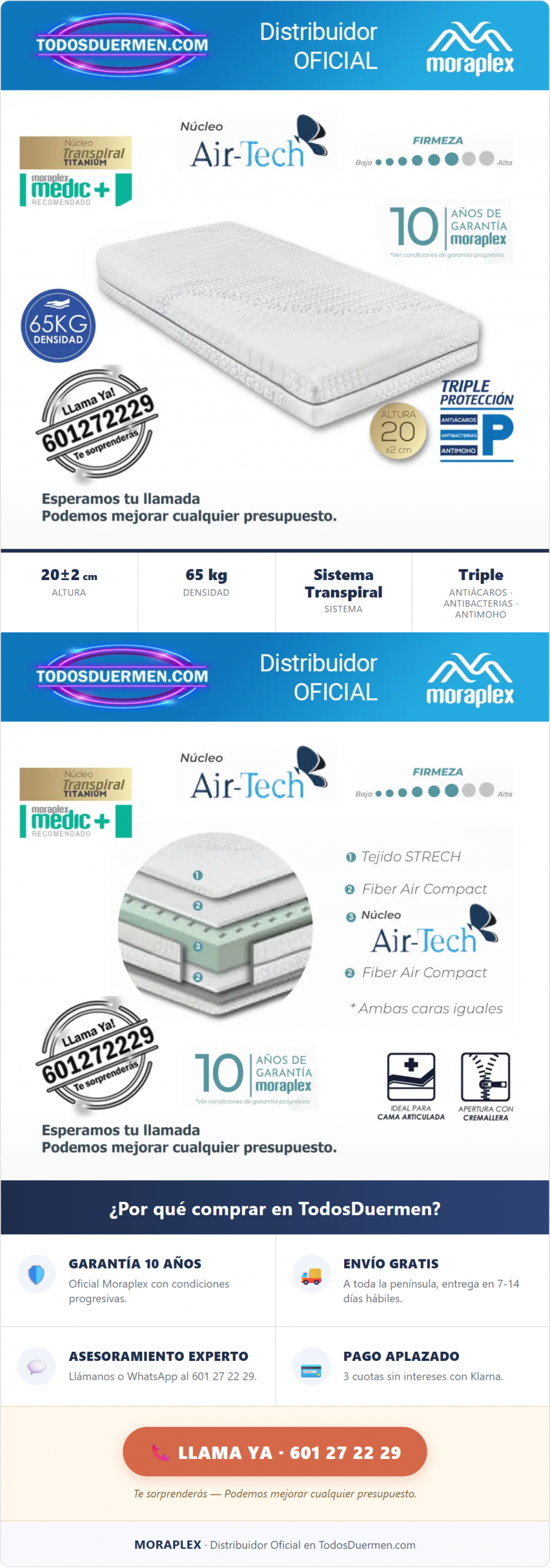 Colchón Muelles Inyectados Transpiral Moraplex Airflexy V-20 - Distribuidor Oficial en TodosDuermen.com