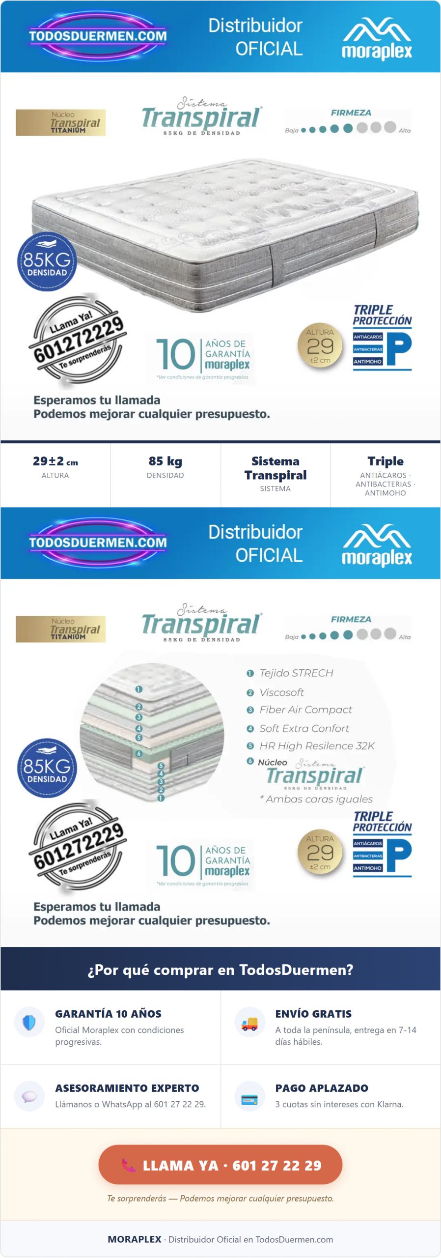 Colchón Muelles Inyectados Transpiral Moraplex Airmax Premium - Distribuidor Oficial en TodosDuermen.com