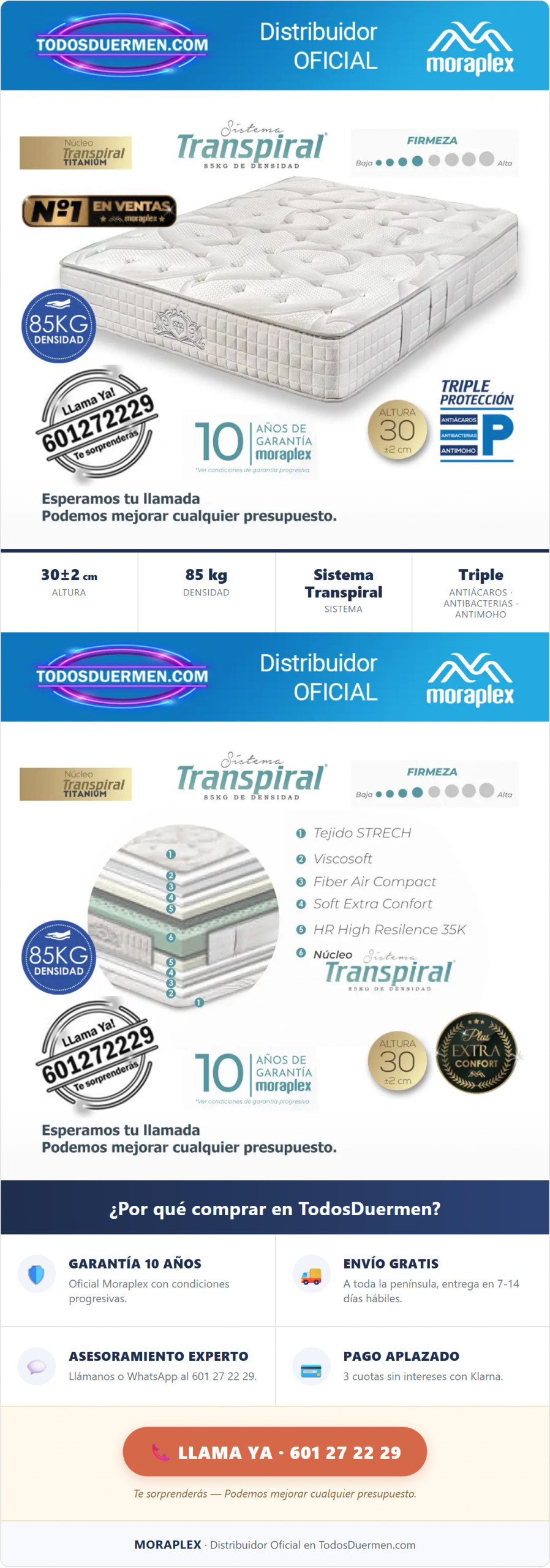 Colchón Muelles Inyectados Transpiral Moraplex Thermorespir II - Distribuidor Oficial en TodosDuermen.com