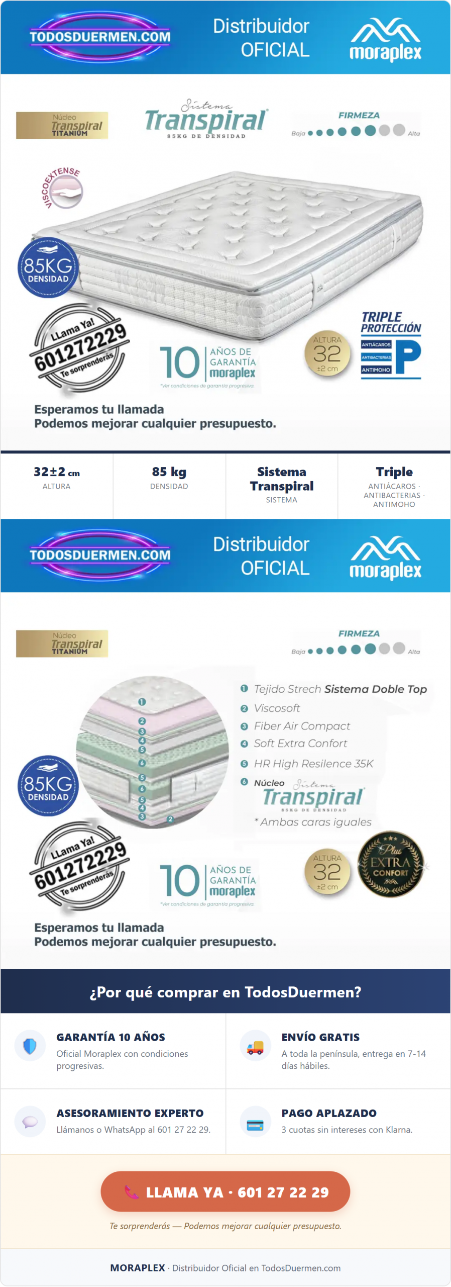 Colchón Muelles Inyectados Transpiral Moraplex Thermosensity S6 - Distribuidor Oficial en TodosDuermen.com
