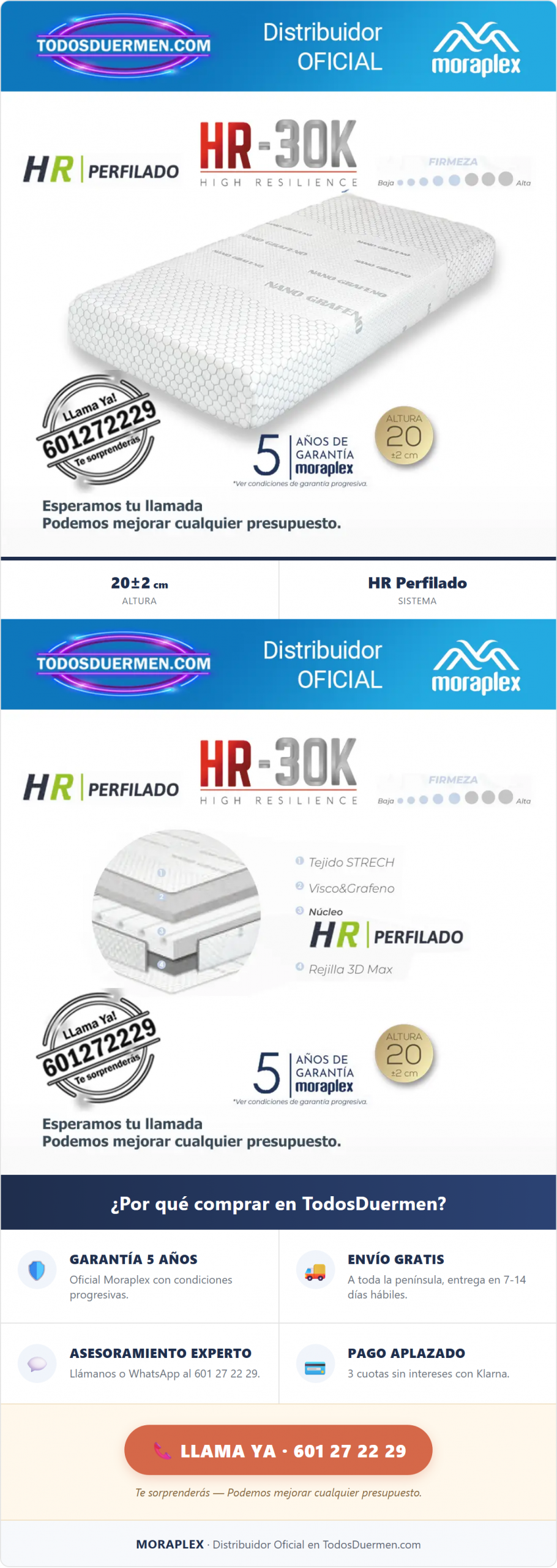 Colchón Sin Muelles HR Moraplex Anatomic Grafeno - Distribuidor Oficial en TodosDuermen.com