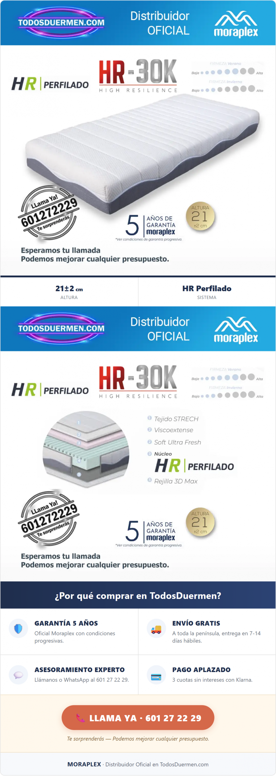 Colchón Sin Muelles HR Moraplex Anatomic Visco - Distribuidor Oficial en TodosDuermen.com