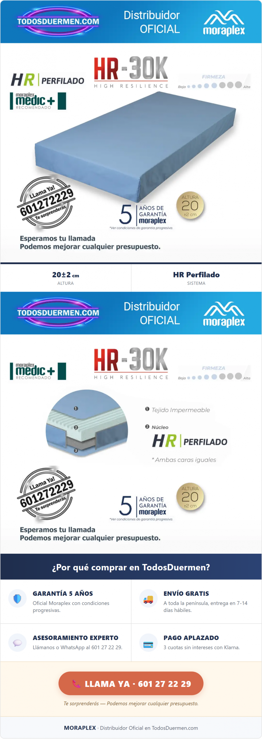 Colchón Sin Muelles HR Moraplex Geriátrico - Distribuidor Oficial en TodosDuermen.com