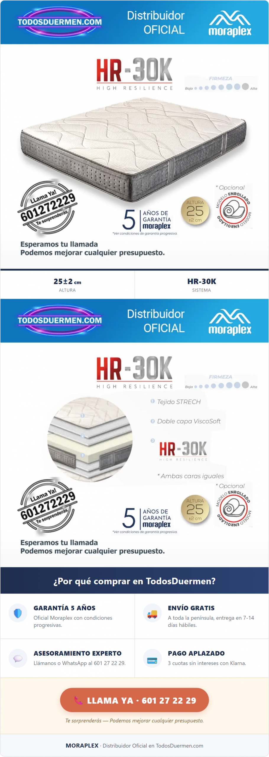 Colchón Sin Muelles HR Moraplex Natura 2.0 - Distribuidor Oficial en TodosDuermen.com