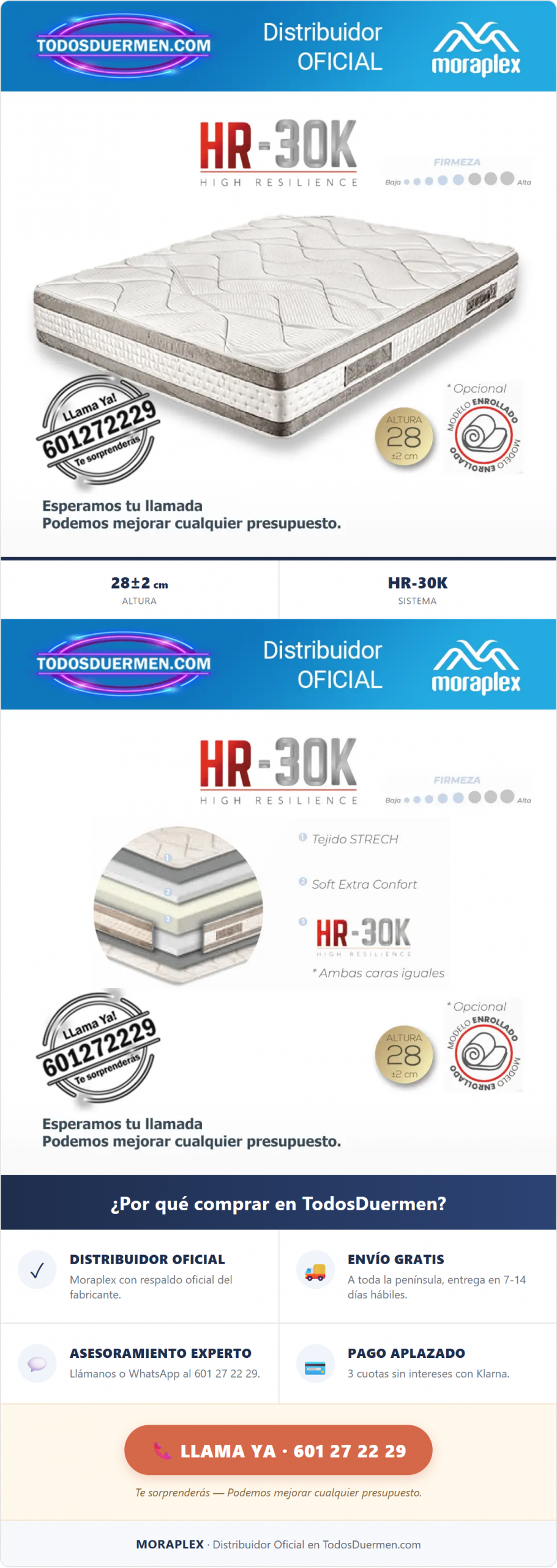 Colchón Sin Muelles HR Moraplex Sensivisco 2.0 - Distribuidor Oficial en TodosDuermen.com