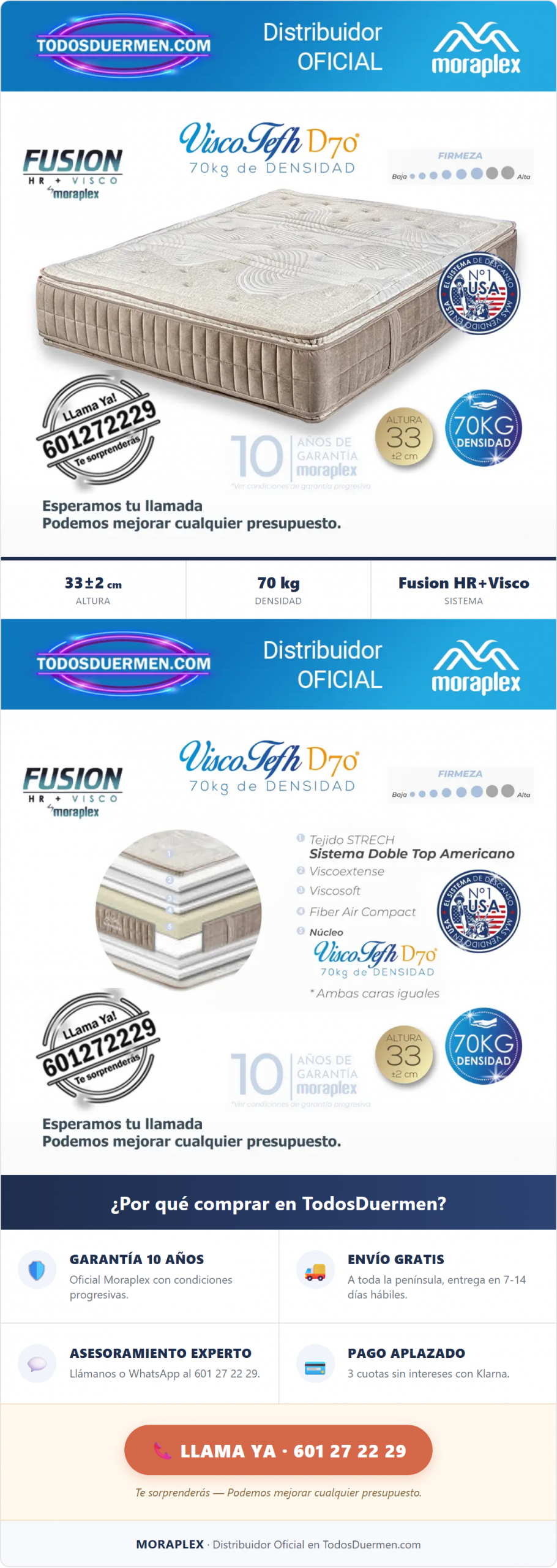 Colchón Viscoelástico + HR Moraplex Denver Exylon Con Doble Topper - Distribuidor Oficial en TodosDuermen.com