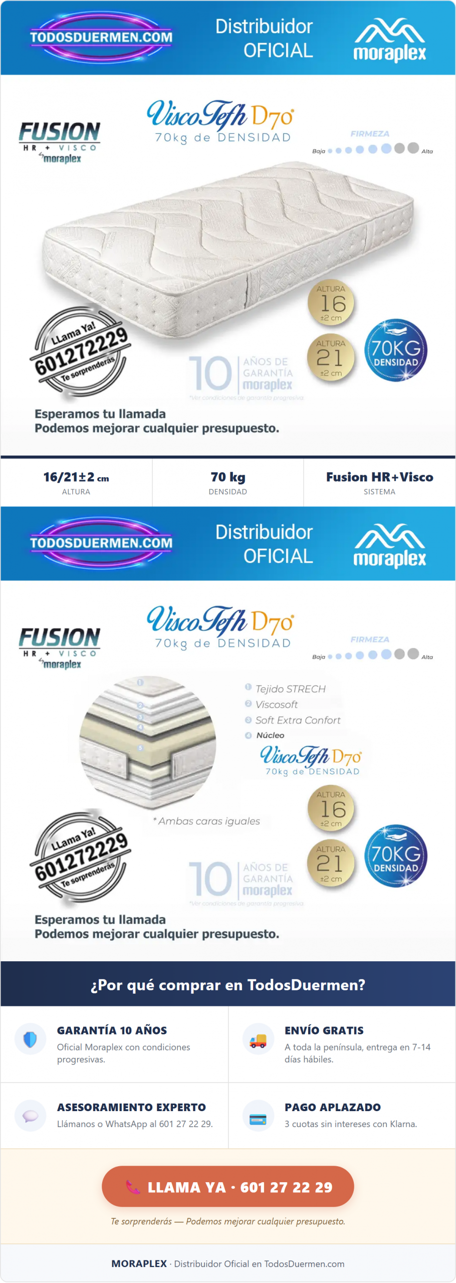 Colchón Viscoelástico + HR Moraplex ViscoElastic D70 - Distribuidor Oficial en TodosDuermen.com