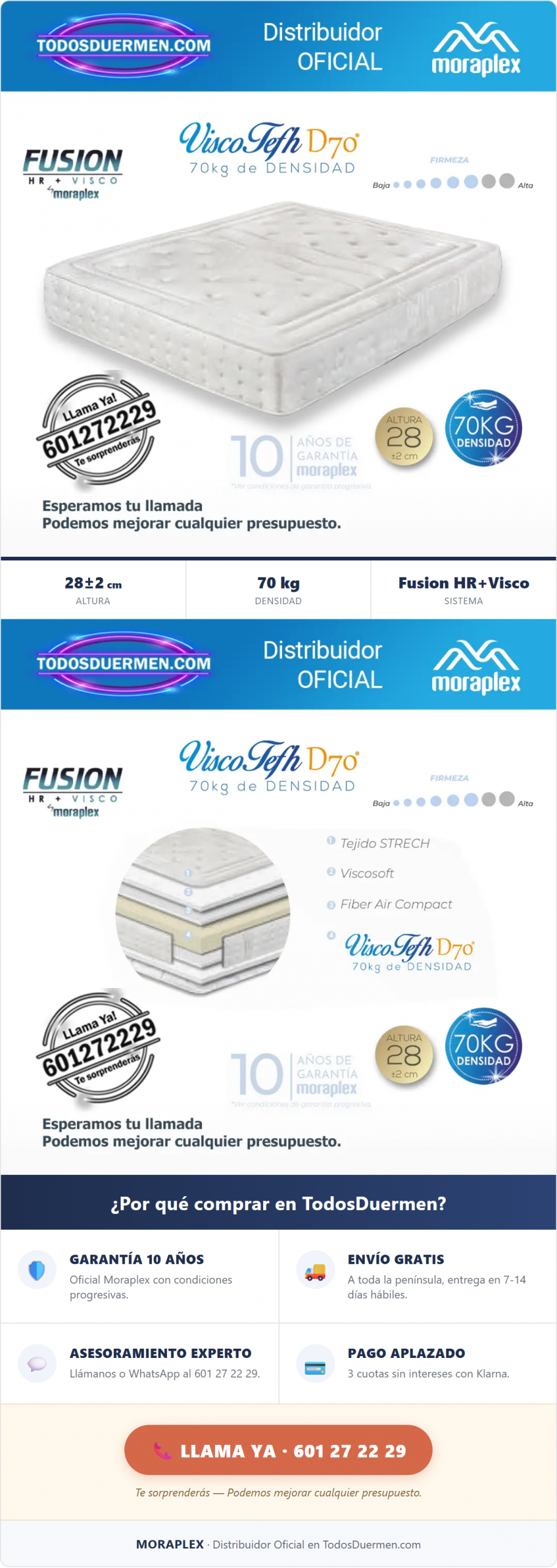 Colchón Viscoelástico + HR Moraplex ViscoPlex Air - Distribuidor Oficial en TodosDuermen.com