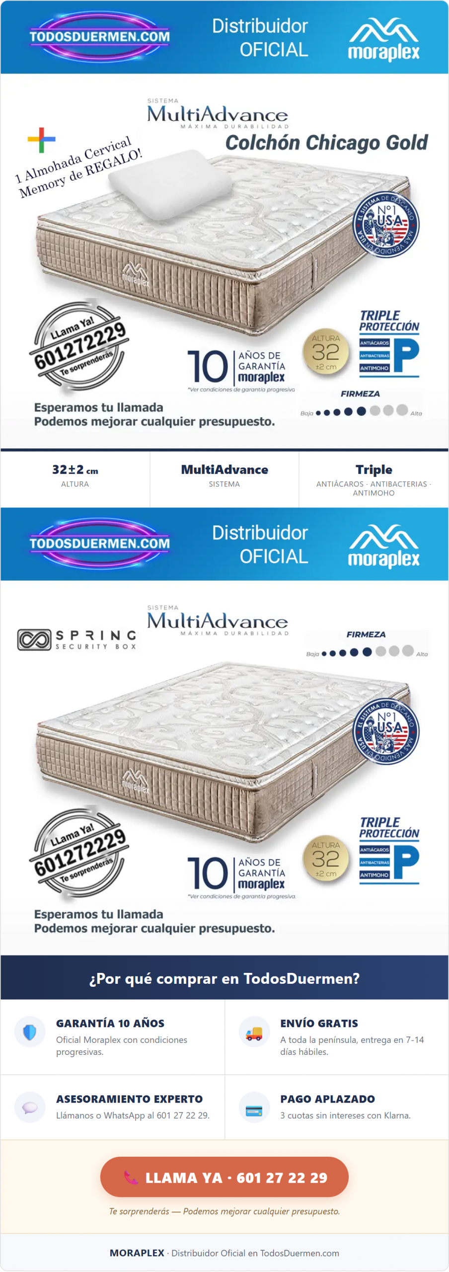 Colchones de Muelles Chicago Gold Moraplex 33 cm - Placer Superior - Distribuidor Oficial en TodosDuermen.com