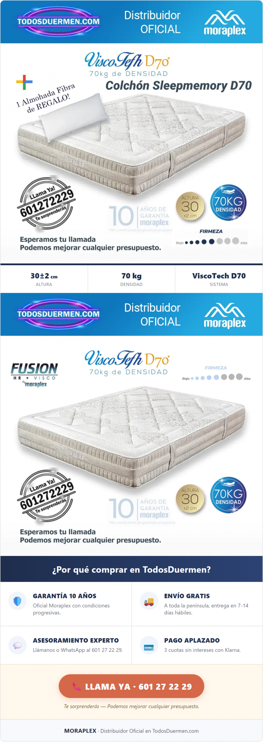 Colchones Viscoelasticos Sleepmemory D70 Moraplex 30 cm - Placer Diario - Distribuidor Oficial en TodosDuermen.com