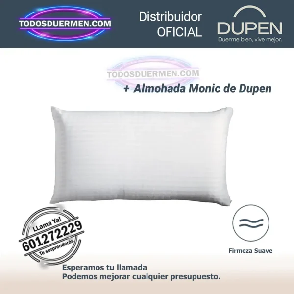 Almohada Monic de DUPEN, almohada de tacto pluma, fibra hueca recubierta de silicona, cardada y siliconada que proporciona volumen, ligereza, suavidad.