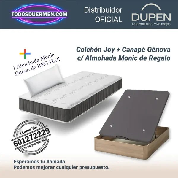 Colchones de muelles ensacados Joy Dupen 21 cm con canape Genova Plus y almohada Monic de regalo