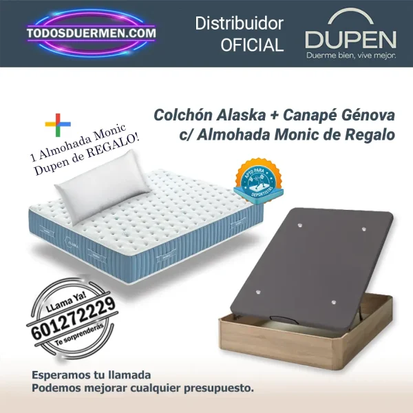Colchones Viscoelasticos Alaska Dupen 28 cm con canape abatible Genova Plus y almohada Monic de regalo