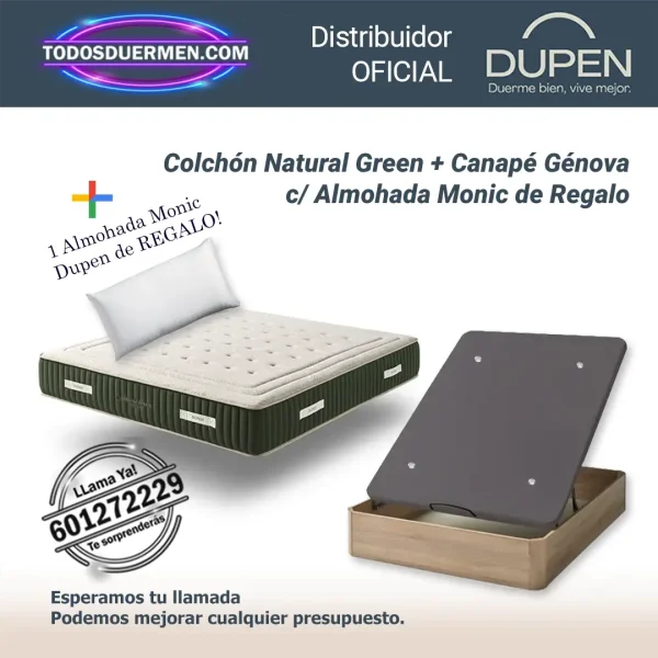 Colchones de Muelles Ensacados Natural Green Dupen 31 cm con Canape Abatible Genova Plus y alohada Monic de regalo
