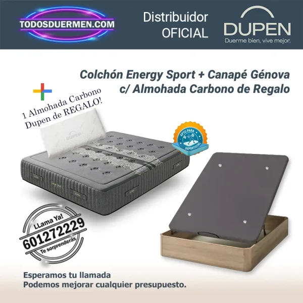 Colchones de Muelles Ensacados Energy Sport Dupen 30 cm con Canape Genova Plus y almohada Carbono de regalo