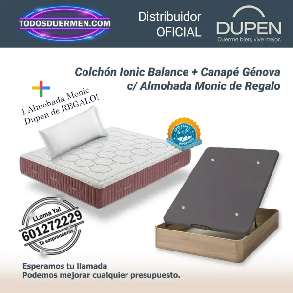 Colchones de Muelles Ensacados Ionic Balance Dupen 30 cm con canapé abatible Génova Plus y almohada Monic de regalo.
