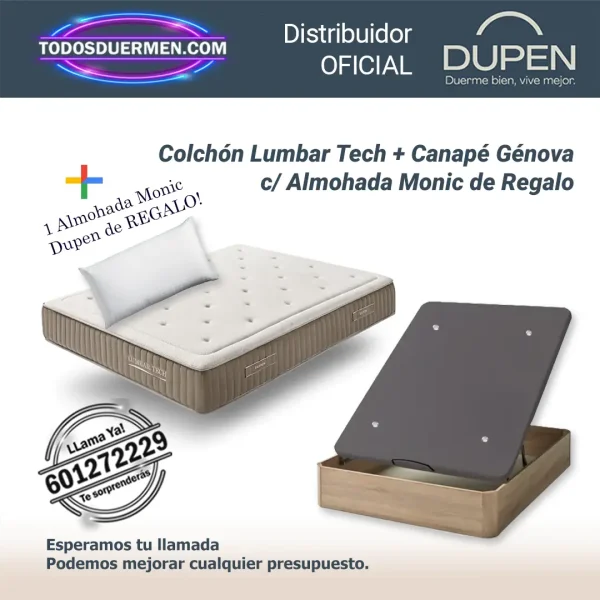 Colchones de Muelles Ensacados Lumbar Tech Dupen 28 cm con Canape Genova Plus y almohada Monic de regalo