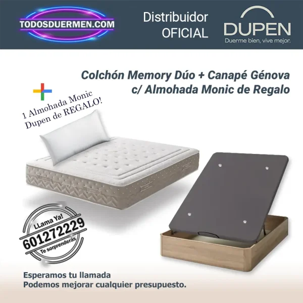 Colchones Viscoelasticos Memory Duo Dupen 32 cm con Canape Abatible Genova Plus y almohada Monic de regalo.