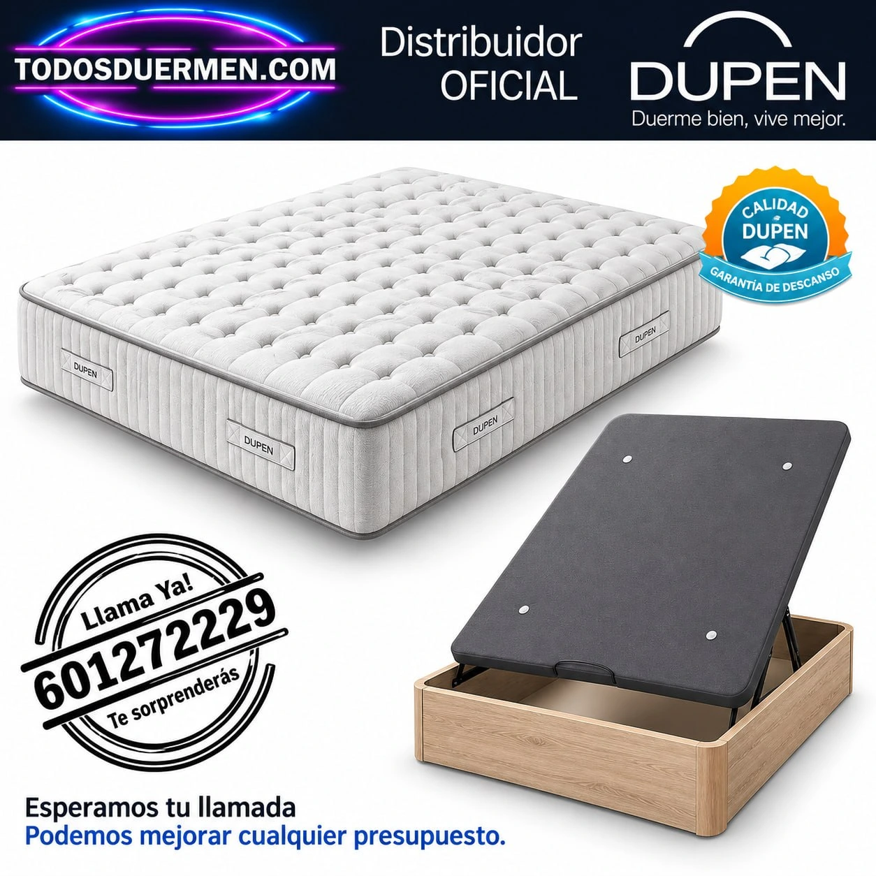 Colchón de muelles ensacados Sahara de Dupen 26 cm junto al canapé abatible Génova Plus, distribuidor oficial Dupen en TodosDuermen.com