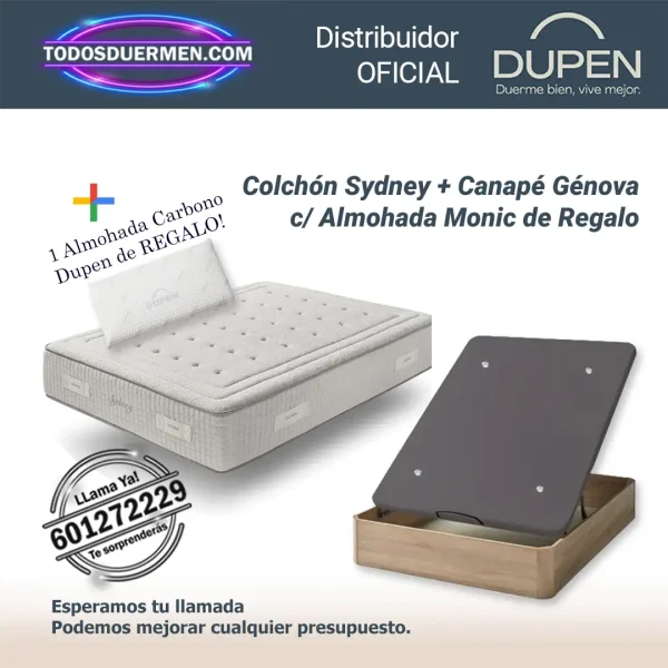 Colchones de muelles ensacados Sydney Dupen 35 cm con canapé abatible Genova Plus y almohada Carbono de regalo