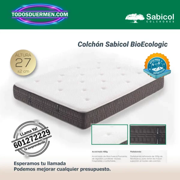 Colchones Bio Ecologic Sabicol 27 cm Simple Cara – Colchón ecológico con núcleo Greenfoam de soja y tejido Stretch transpirable fabricado en España. — Distribuidores Oficiales Sabicol