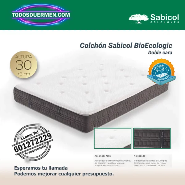 Colchones Bio Ecologic Sabicol 30 cm Doble Cara – Colchón ecológico con núcleo Greenfoam de soja, doble firmeza y tejido Stretch transpirable fabricado en España. — Distribuidores Oficiales Sabicol