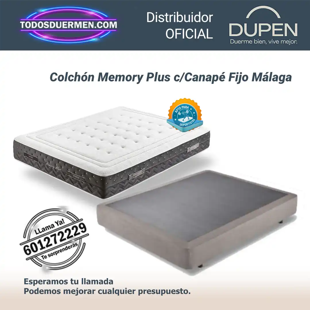 Pack de colchones viscoelasticos Memory Plus Dupen 28 cm con canape fijo Malaga montado y listo para usar en dormitorio.
