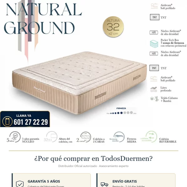 Colchón Dupen Natural Ground 32 cm 2 caras cáñamo bambú · Garantía 5 años · Envío gratis península · Asesoramiento experto · Pago aplazado · Distribuidor oficial Dupen TodosDuermen.com