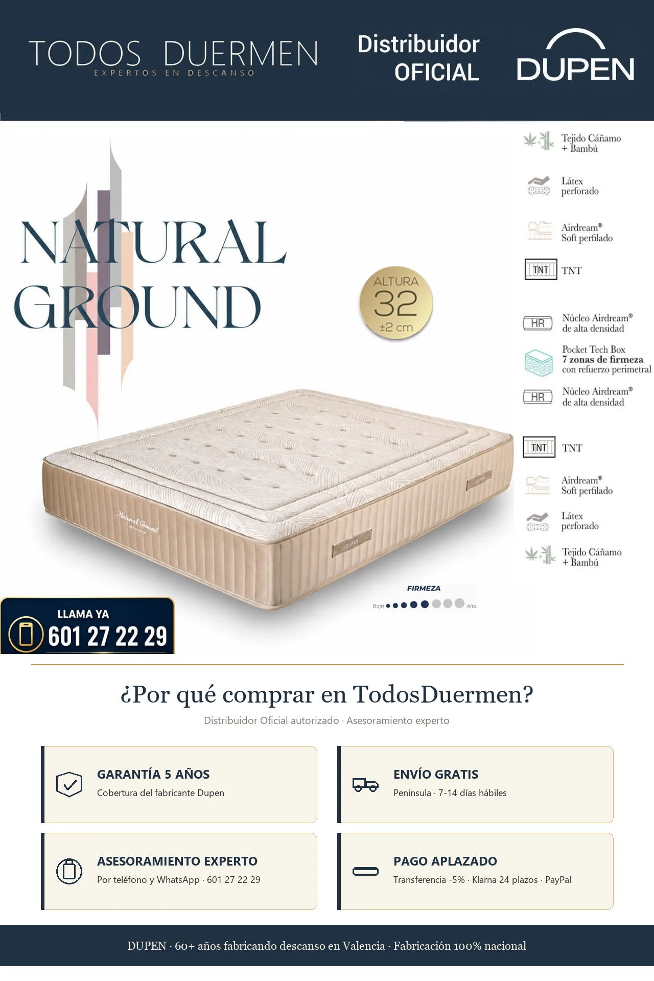 Colchón Dupen Natural Ground 32 cm 2 caras cáñamo bambú · Garantía 5 años · Envío gratis península · Asesoramiento experto · Pago aplazado · Distribuidor oficial Dupen TodosDuermen.com