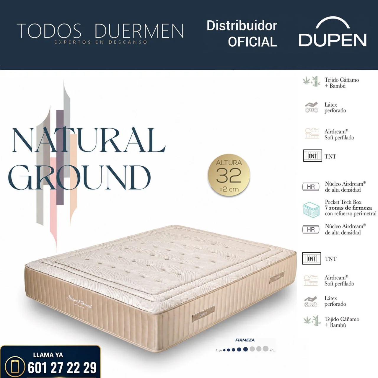 Colchón Dupen Natural Ground 32 cm 2 caras reversible cáñamo bambú látex Pocket Tech Box · Distribuidor oficial Dupen