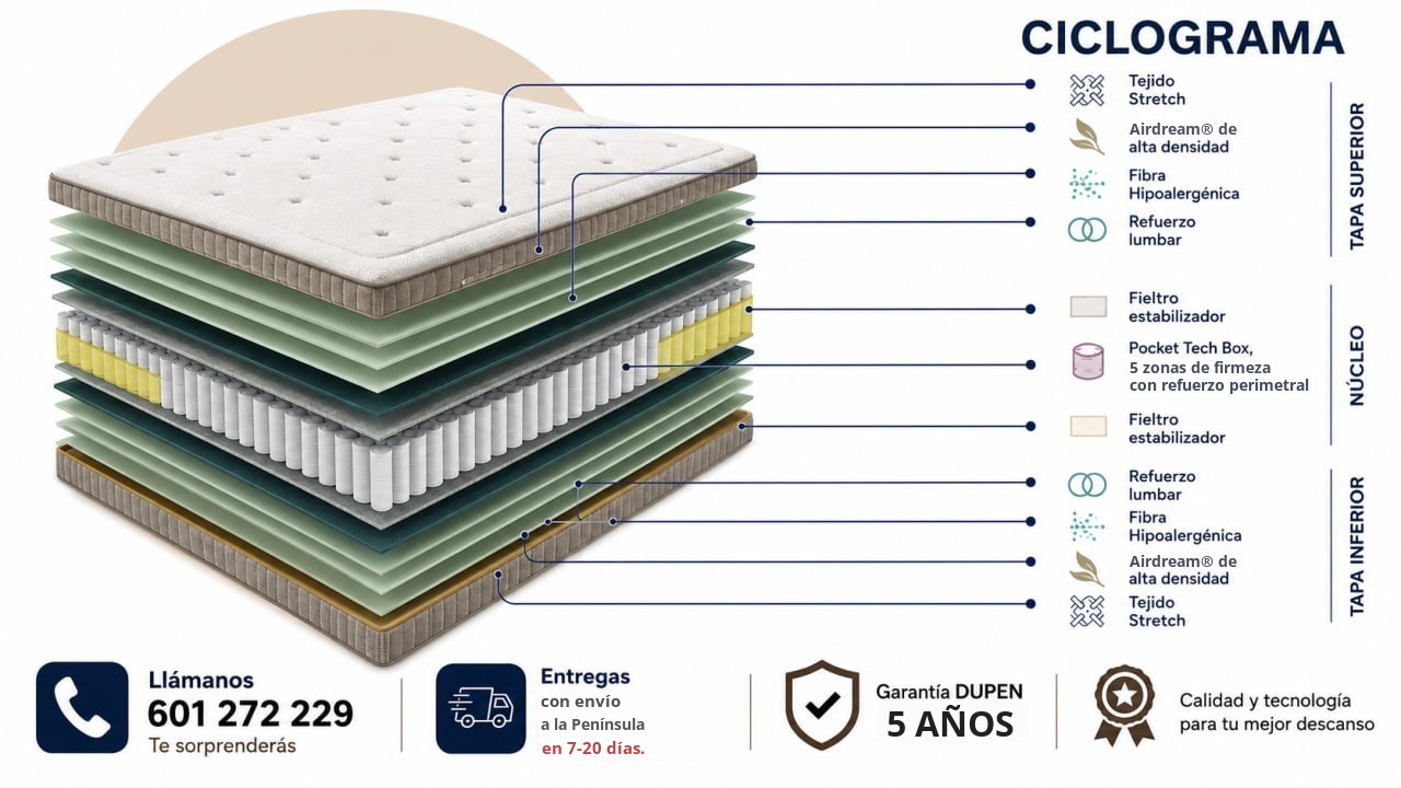 Ciclograma del colchón Lumbar Tech de Dupen Ciclograma del colchón Lumbar Tech de Dupen: tapa superior, núcleo Pocket Tech Box de 5 zonas y tapa inferior