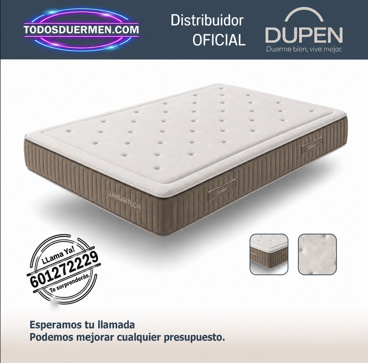 Colchón Lumbar Tech de Dupen de 28 cm con refuerzo lumbar en las dos caras, distribuidor oficial