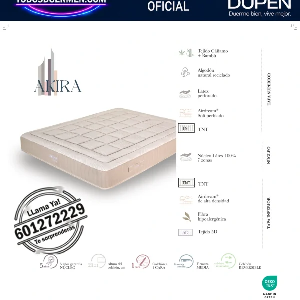 Colchón Dupen Akira · ficha oficial del fabricante con materiales, altura, firmeza y garantía · distribuidor oficial Dupen