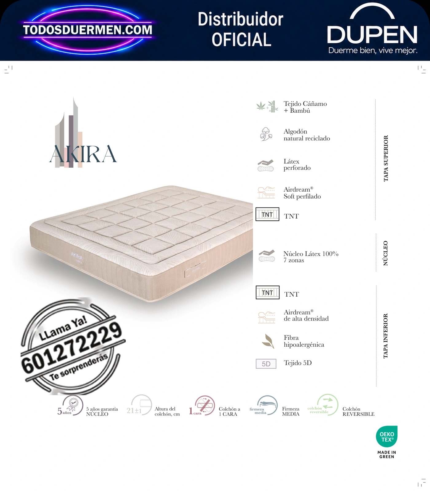 Colchón Dupen Akira · ficha oficial del fabricante con materiales, altura, firmeza y garantía · distribuidor oficial Dupen