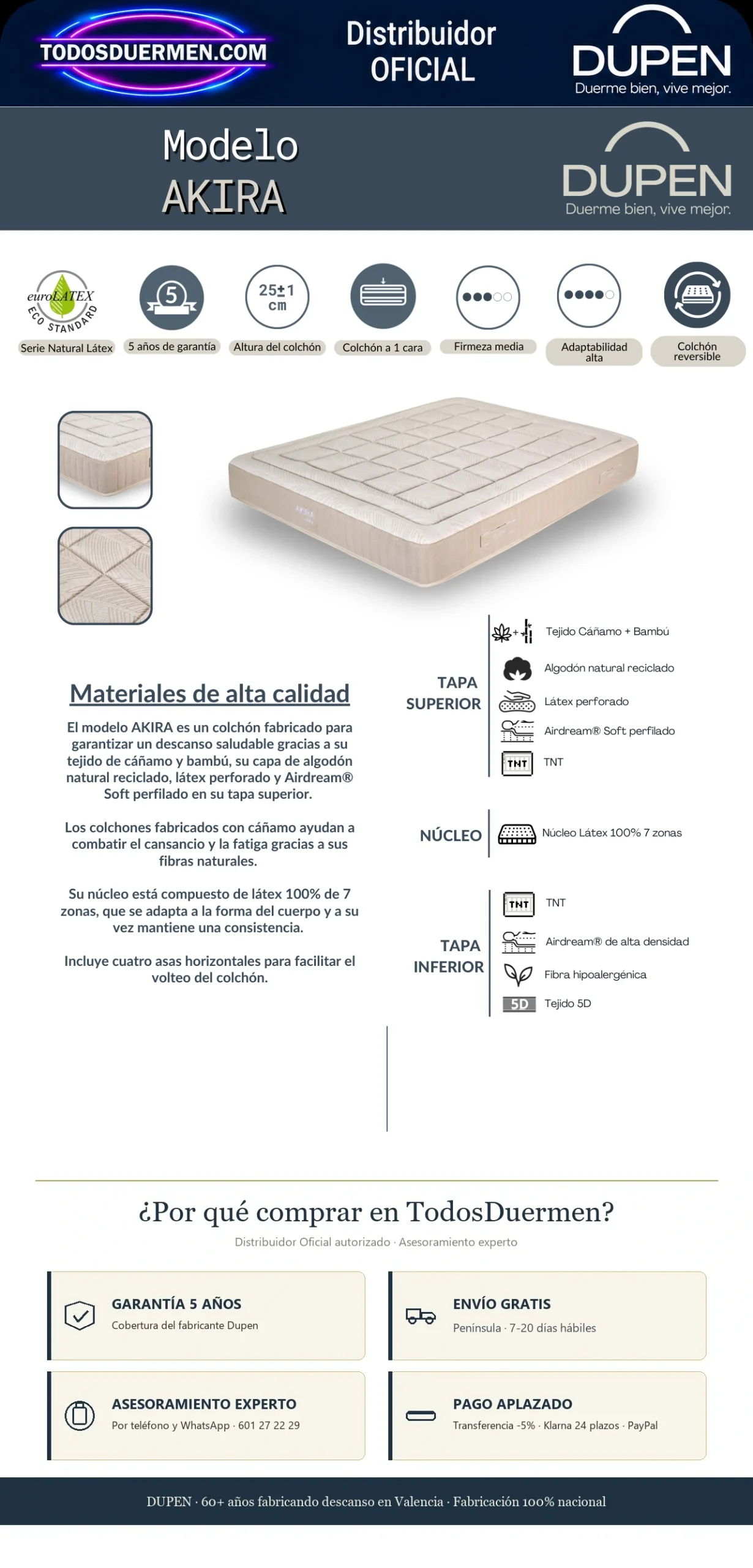 Colchón Dupen Akira · ficha oficial del fabricante con materiales, altura, firmeza y garantía · distribuidor oficial Dupen en TodosDuermen