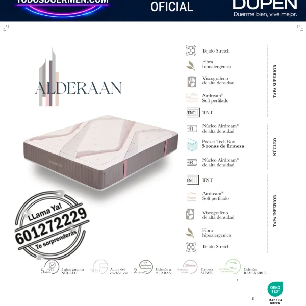 Colchón Dupen Alderaan · ficha oficial del fabricante con materiales, altura, firmeza y garantía · distribuidor oficial Dupen