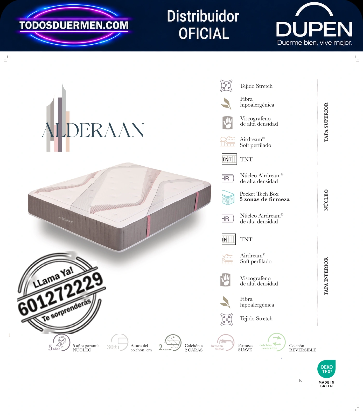 Colchón Dupen Alderaan · ficha oficial del fabricante con materiales, altura, firmeza y garantía · distribuidor oficial Dupen