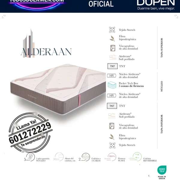 Colchón Dupen Alderaan · ficha oficial del fabricante con materiales, altura, firmeza y garantía · distribuidor oficial Dupen