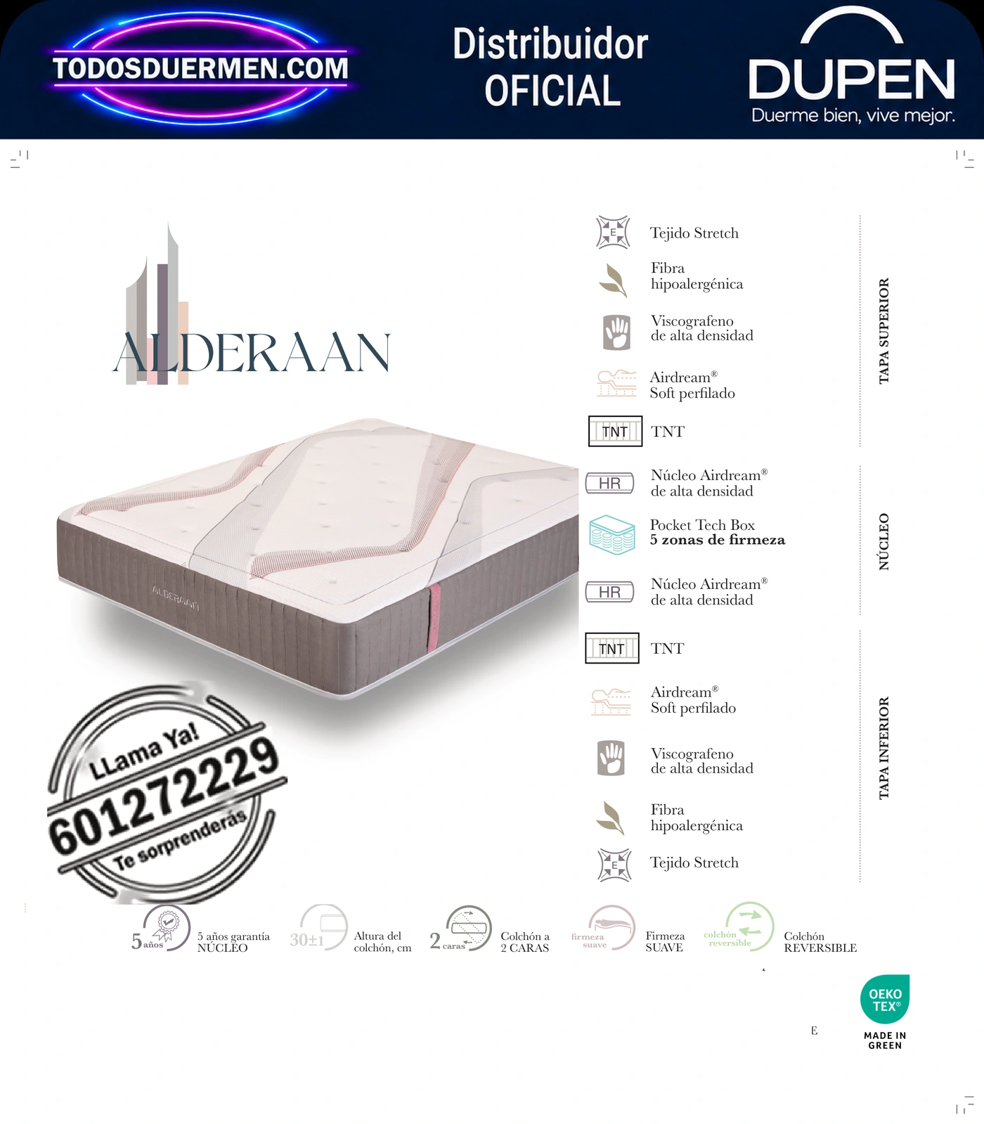 Colchón Dupen Alderaan · ficha oficial del fabricante con materiales, altura, firmeza y garantía · distribuidor oficial Dupen