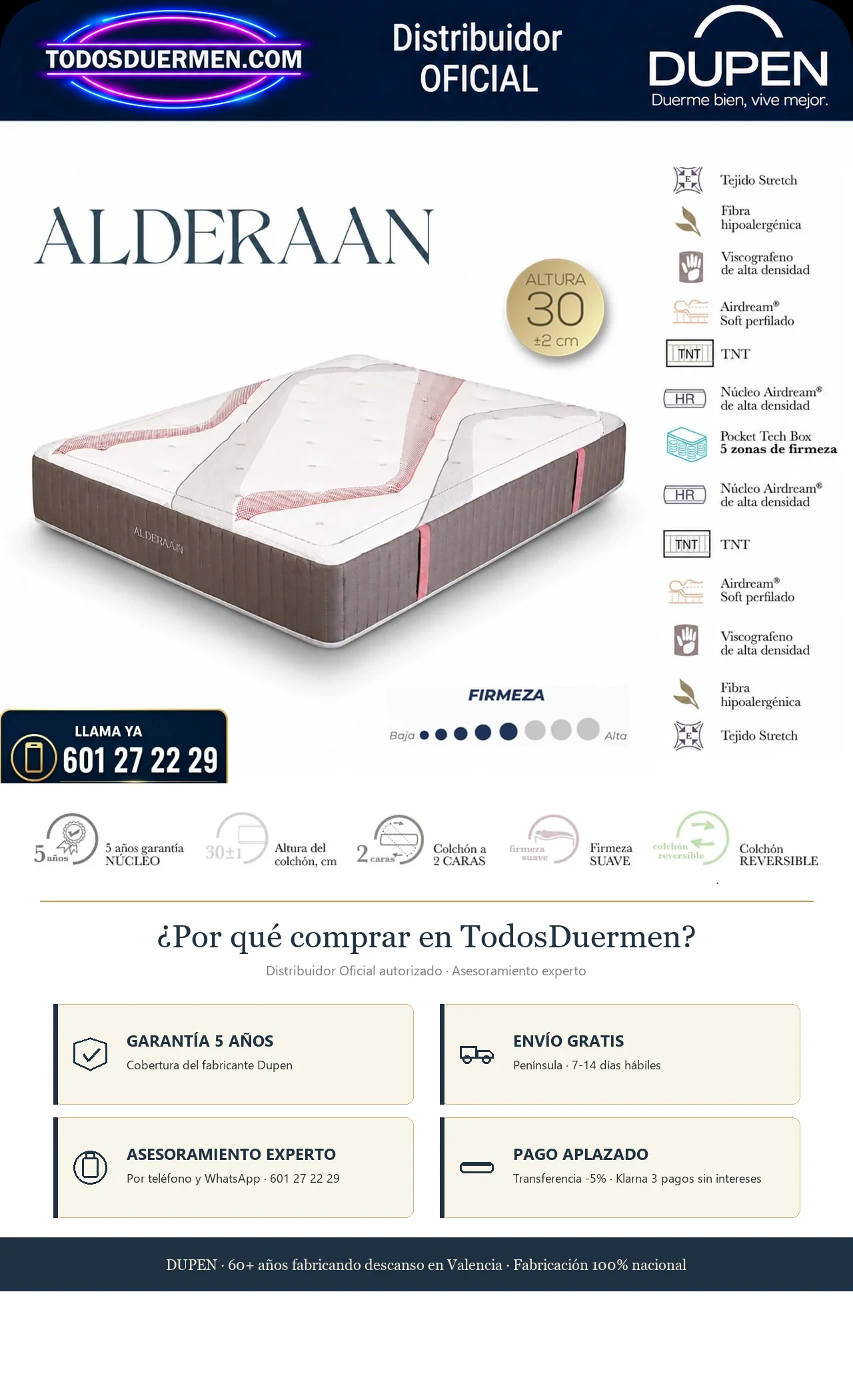 Colchón Dupen Alderaan 30 cm 2 caras articulable viscografeno · Garantía 5 años · Envío gratis península · Asesoramiento experto · Distribuidor oficial Dupen