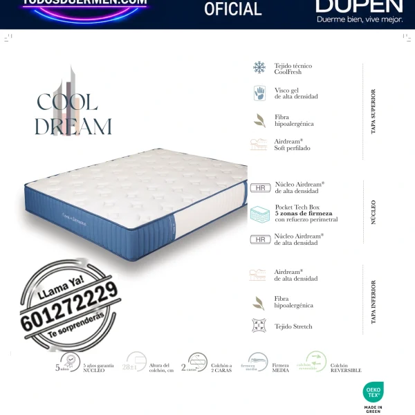 Colchón Dupen Cool Dream · ficha oficial del fabricante con materiales, altura, firmeza y garantía · distribuidor oficial Dupen