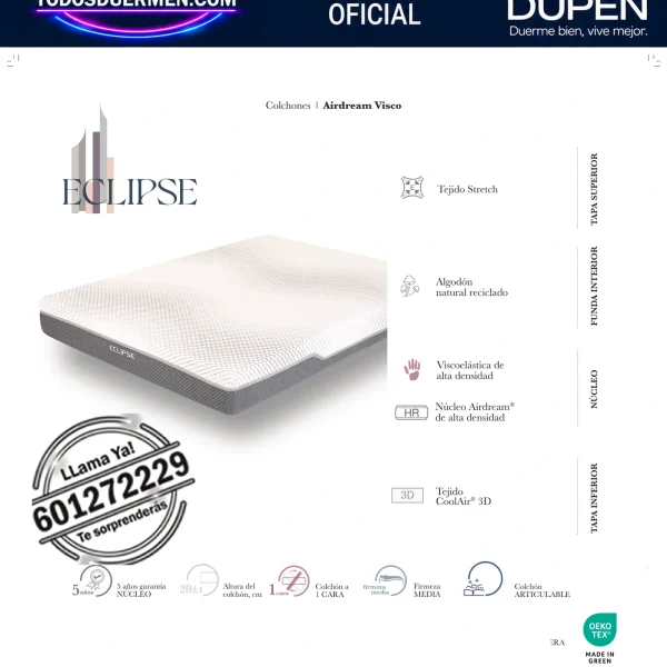 Colchón Dupen Eclipse · ficha oficial del fabricante con materiales, altura, firmeza y garantía · distribuidor oficial Dupen