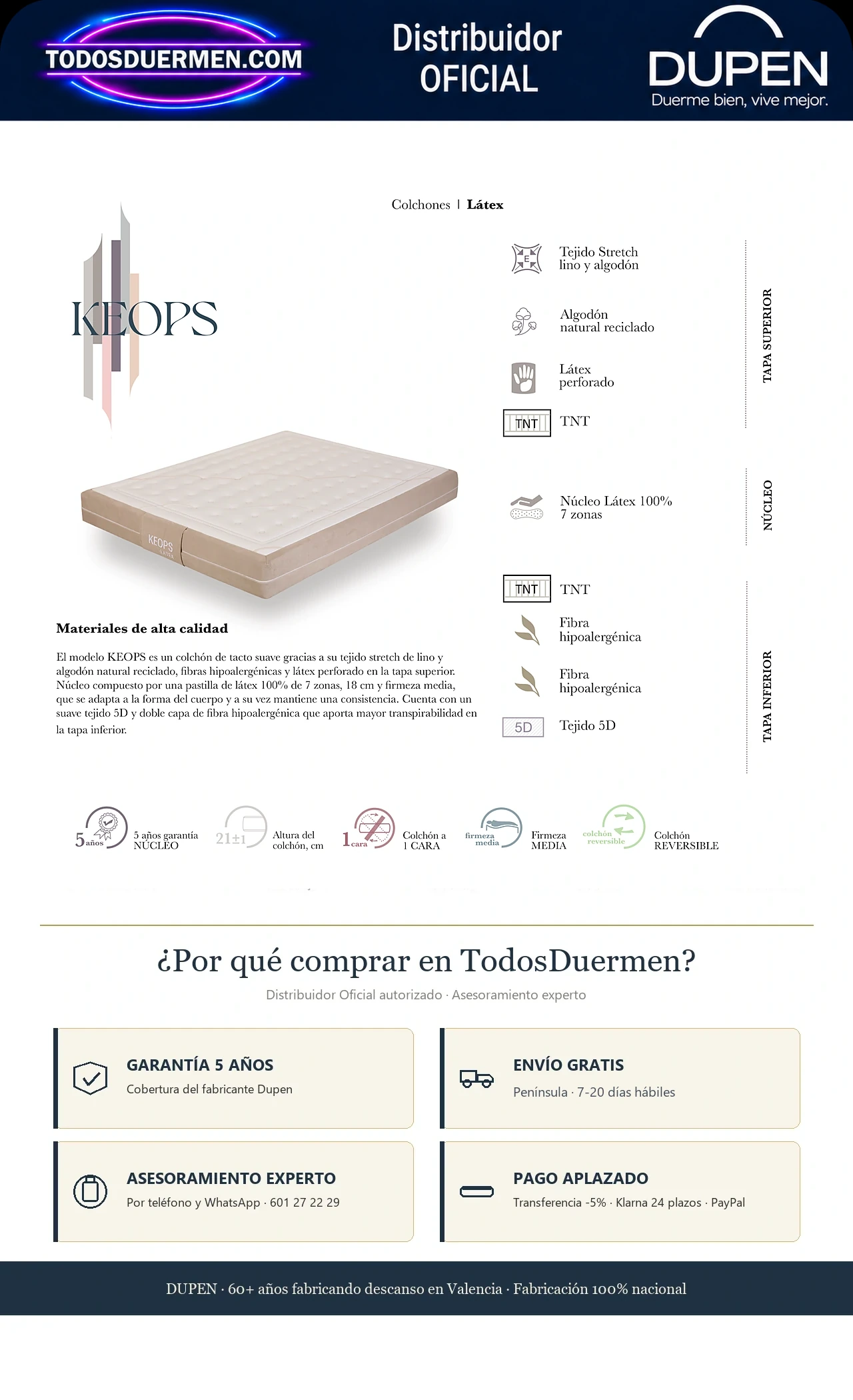Colchón Dupen Keops 21 cm de látex 100% · 7 zonas · distribuidor oficial Dupen